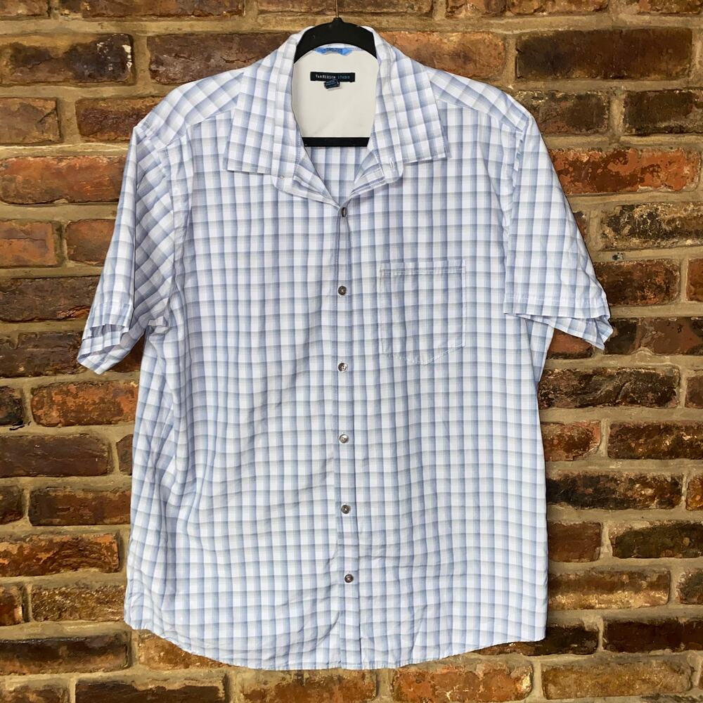 Van Heusen Studio Blue Plaid Short Sleeve Button Down Shirt Men's Size Large